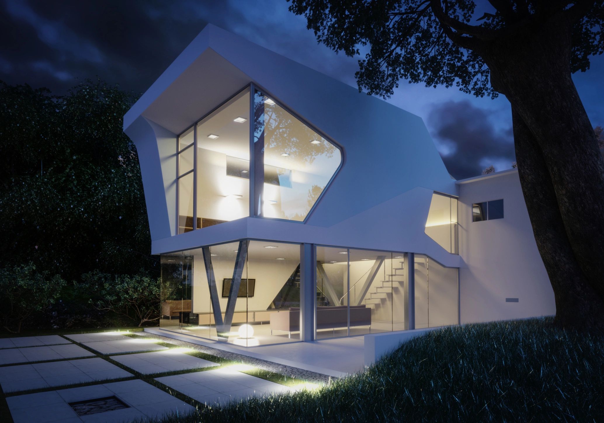 Modern minimalist architectural home at twilight